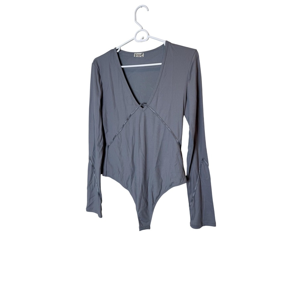 Intimately Free People Bodysuit‎ Womens Small Gray Ribbed Long Sleeve V Neck